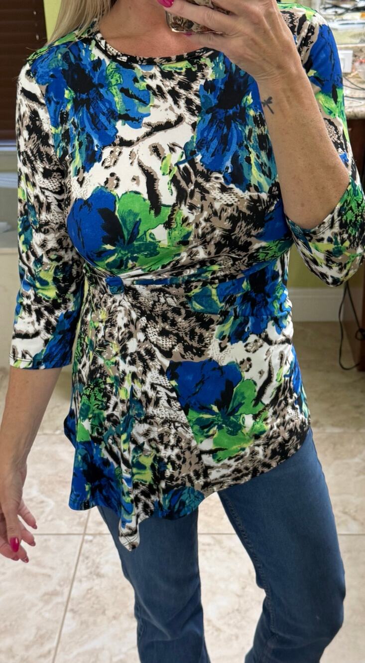 Mandy Evans small asymmetrical animal print tunic top Y2K vintage blue green